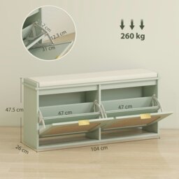 Rackhams Boho Shoe Bench with Padded Seat and 2 Flip-Drawers, Light Green - White, Beige - thumbnail 6