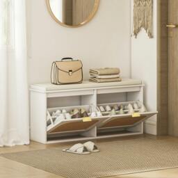 Rackhams Boho Shoe Bench with Padded Seat and 2 Flip-Drawers, Light Green - White, Beige