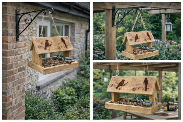 Rackhams Upcycled Illustrated Wooden Bird Feeder Size 30cm long x 20cm wide x 25cm high - image 1