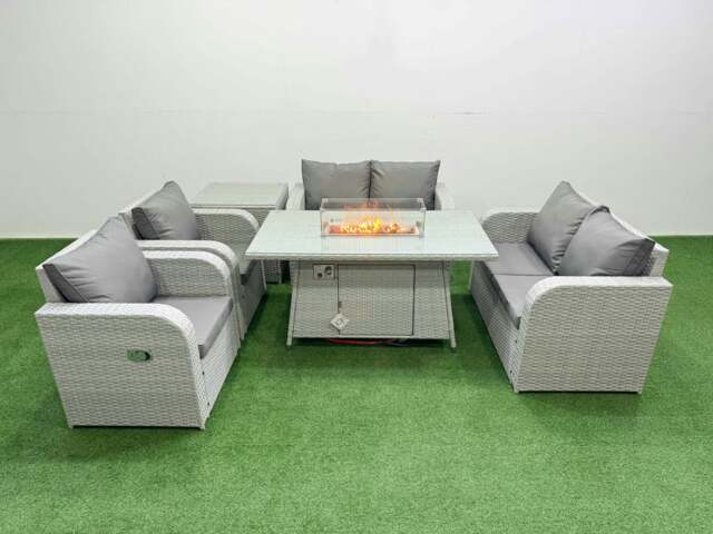 Rackhams 6 Seater Outdoor Reclining Chair Love Sofa Set Rattan Garden Furniture Set with Fire Pit Dining Table Side Table Light Grey - image 1