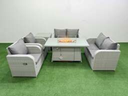 Rackhams 6 Seater Outdoor Reclining Chair Love Sofa Set Rattan Garden Furniture Set with Fire Pit Dining Table Side Table Light Grey - thumbnail 1