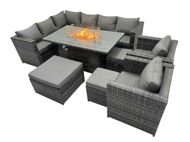 Rackhams Rattan Garden Furniture Dining Set 11 seater Gas Fire Pit Dining Table Corner Sofa Set with 3 Stool Dark Grey Mixed - image 1