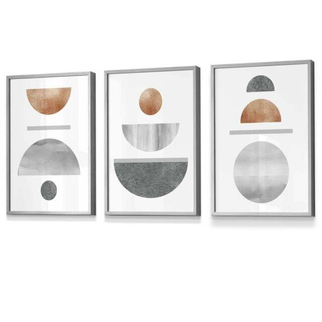 Rackhams Copper and Grey Abstract Mid Century Geometric Set of 3 Framed Wall Art - 42x59cm (A2) - Light Grey - image 1