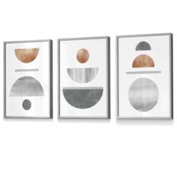 Rackhams Copper and Grey Abstract Mid Century Geometric Set of 3 Framed Wall Art - 42x59cm (A2) - Light Grey - thumbnail 1