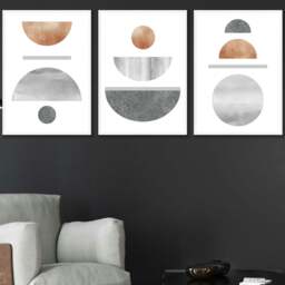 Rackhams Copper and Grey Abstract Mid Century Geometric Set of 3 Framed Wall Art - 42x59cm (A2) - Light Grey - thumbnail 2