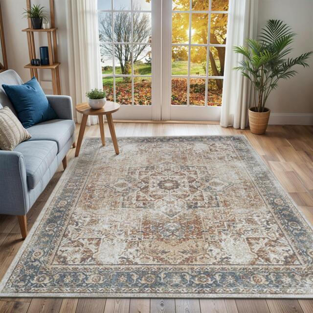 Rackhams Lillian-Washable Brown Blue Traditional Vintage Boho Rug - 120 x 170 cm - image 1