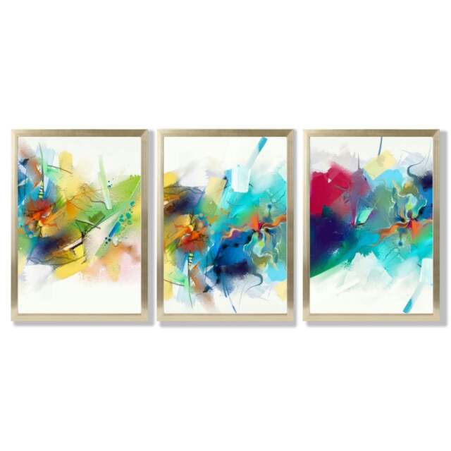 Rackhams Set of 3 Abstract Multicolour Blue Pink Framed Wall Art Prints - 42x59cm (A2) - Gold - image 1