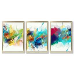 Rackhams Set of 3 Abstract Multicolour Blue Pink Framed Wall Art Prints - 42x59cm (A2) - Gold - thumbnail 1