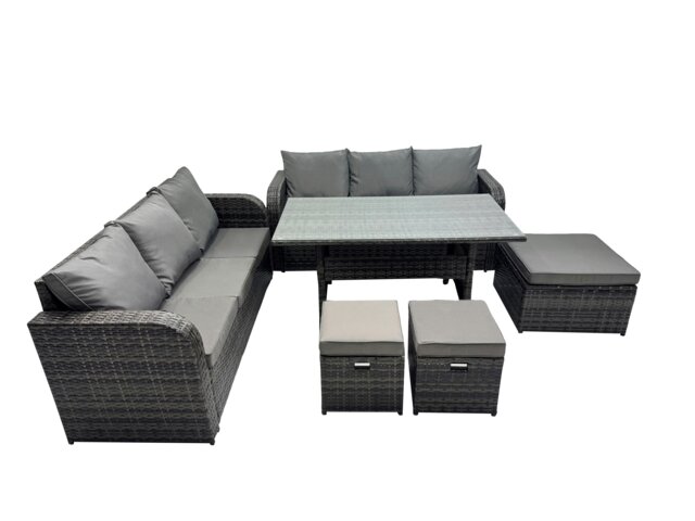 Rackhams 9 Seat Outdoor Wicker PE Rattan Garden Furniture Set Dining Table Sofa Set with 3 Stools Dark Grey Mixed - image 1
