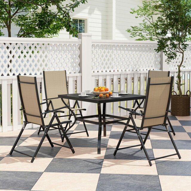 Rackhams 5 PCs Garden Dining Set, Folding Chairs and Metal Top Table, Grey - Khaki - Galvanised Steel, Texteline - 94L x 94W x 71Hcm - image 1