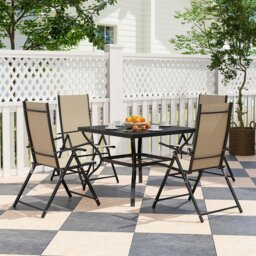 Rackhams 5 PCs Garden Dining Set, Folding Chairs and Metal Top Table, Grey - Khaki - Galvanised Steel, Texteline - 94L x 94W x 71Hcm
