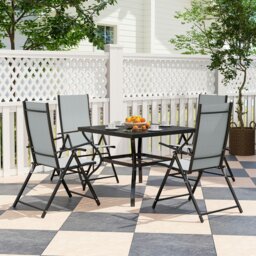 Rackhams 5 PCs Garden Dining Set, Folding Chairs and Metal Top Table, Grey - Khaki - Galvanised Steel, Texteline - 94L x 94W x 71Hcm - thumbnail 2