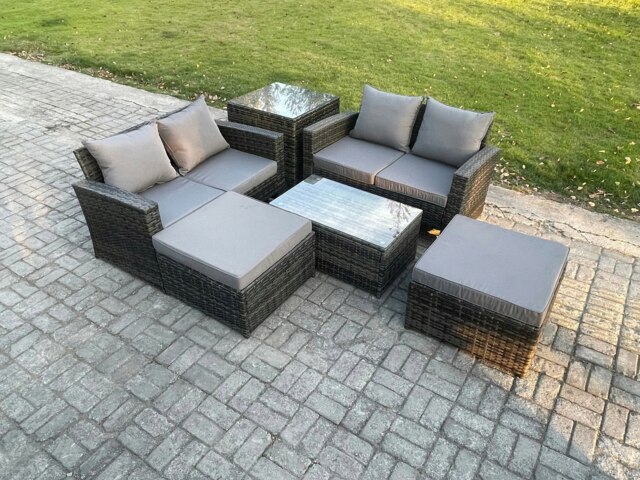 Rackhams Outdoor Rattan Garden Furniture Set 6 Seater Patio Lounge Sofa Set with Side Table Coffee Table 2 Big Footstool Dark Grey Mixed - image 1