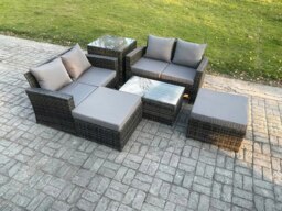 Rackhams Outdoor Rattan Garden Furniture Set 6 Seater Patio Lounge Sofa Set with Side Table Coffee Table 2 Big Footstool Dark Grey Mixed - thumbnail 2
