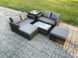 Rackhams Outdoor Rattan Garden Furniture Set 6 Seater Patio Lounge Sofa Set with Side Table Coffee Table 2 Big Footstool Dark Grey Mixed - thumbnail 1