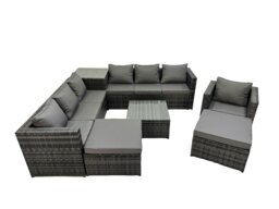 Rackhams 9 Seater Garden Outdoor Rattan Furniture Set Patio Corner Sofa Coffee Table with Side Table 2 Big Stool Dark Grey - thumbnail 1
