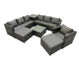 Rackhams 9 Seater Garden Outdoor Rattan Furniture Set Patio Corner Sofa Coffee Table with Side Table 2 Big Stool Dark Grey - thumbnail 2