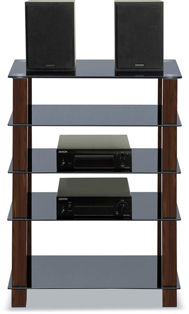 Rackhams TRINITY Gloss Black 5 Shelf with Walnut Legs Flat Screen TV Rack Glass Stand - 1 - Multi - AV Rack - image 1