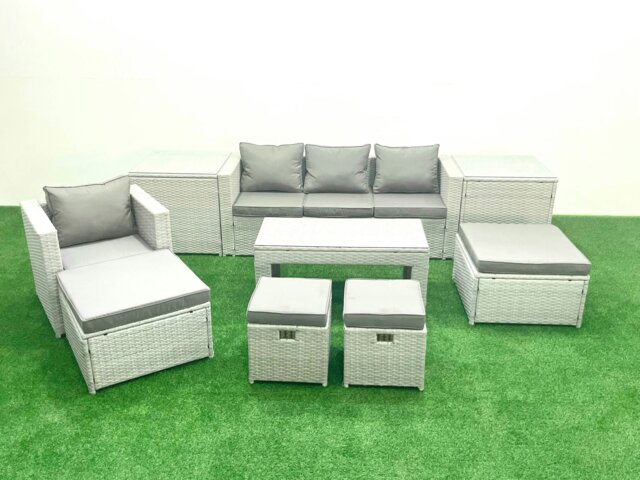Rackhams Rattan Garden Furniture Set Outdoor Lounger Sofa with Coffee Table 4 Footstools 2 Side Tables Light Grey Mixed - image 1