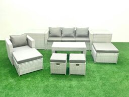 Rackhams Rattan Garden Furniture Set Outdoor Lounger Sofa with Coffee Table 4 Footstools 2 Side Tables Light Grey Mixed - thumbnail 2