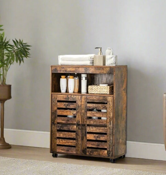 Rackhams 4-Tier Rustic Bathroom Cabinet with Louver Doors – Adjustable Shelf, 60 x 30 x 80 cm - image 1