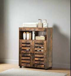 Rackhams 4-Tier Rustic Bathroom Cabinet with Louver Doors – Adjustable Shelf, 60 x 30 x 80 cm - thumbnail 3
