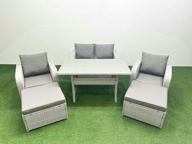 Rackhams Light Grey PE Wicker Rattan Garden Furniture Set Sofa Set Reclining Chair Rectangular Dining Table 6 Seater 2 Big Stools - image 1