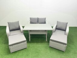 Rackhams Light Grey PE Wicker Rattan Garden Furniture Set Sofa Set Reclining Chair Rectangular Dining Table 6 Seater 2 Big Stools - thumbnail 1