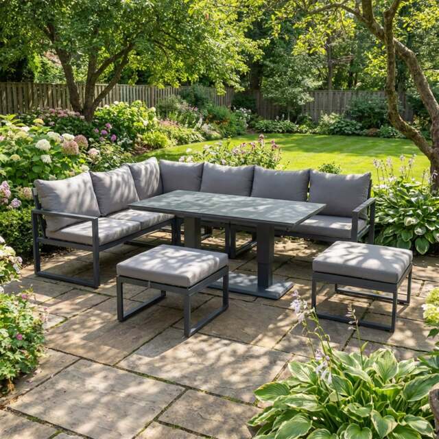 Rackhams 7 Seater Aluminum Outdoor Garden Furniture Set with Corner Sofa, 2 Footstools, Rising Dining Table - Dark Grey - image 1