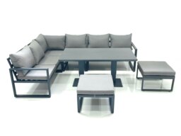 Rackhams 7 Seater Aluminum Outdoor Garden Furniture Set with Corner Sofa, 2 Footstools, Rising Dining Table - Dark Grey - thumbnail 3