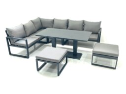 Rackhams 7 Seater Aluminum Outdoor Garden Furniture Set with Corner Sofa, 2 Footstools, Rising Dining Table - Dark Grey - thumbnail 2