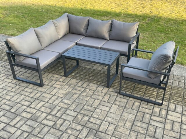 Rackhams Aluminium Outdoor Garden Furniture Set Lounge Sofa Oblong Coffee Table Sets with Chair Indoor Conservatory Set Dark Grey