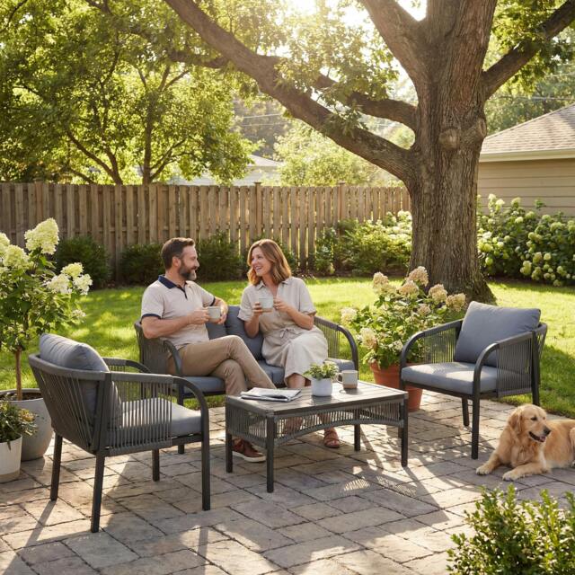 Rackhams 4 Piece Rattan Garden Furniture Set w/ Steel Frame, Cushions, Grey - Rattan Garden Furniture Set - 1 - Steel, PE Rattan, Polyester, Wood-Plastic Composites - image 1