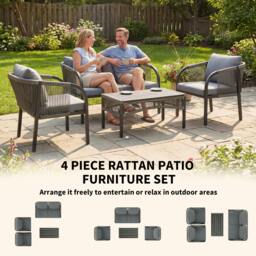 Rackhams 4 Piece Rattan Garden Furniture Set w/ Steel Frame, Cushions, Grey - Rattan Garden Furniture Set - 1  - Steel, PE Rattan, Polyester, Wood-Plastic Composites - thumbnail 4