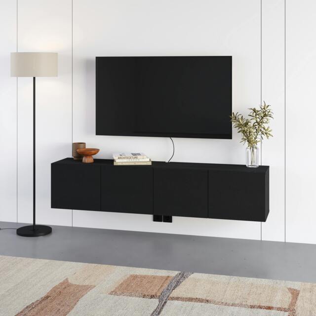 Rackhams Daroca Floating Wall-Mounted TV Unit up to 65-Inch TVs 180cm(W) Soft-Close 4 Doors TV Cabinet for Living Room - Black Wood - image 1