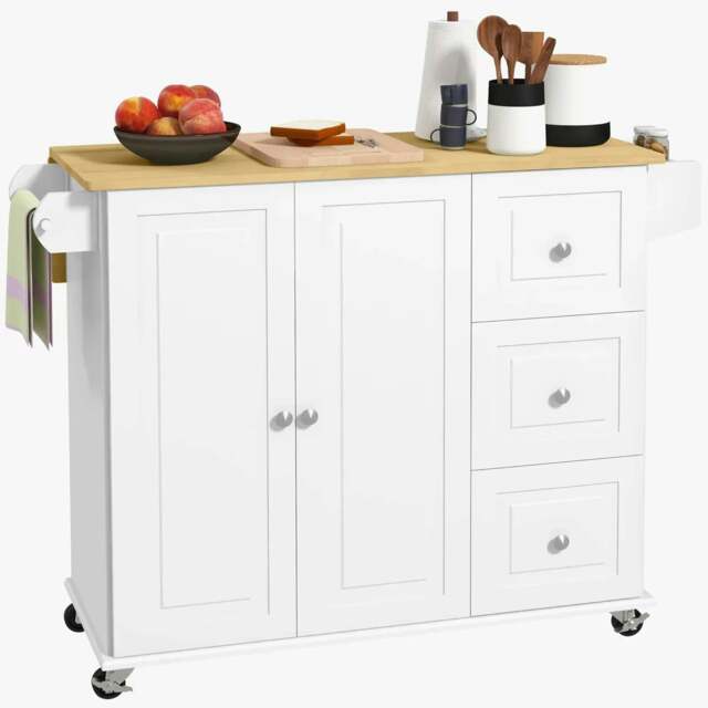 Rackhams Kitchen Island with Drop Leaf, Rolling Kitchen Storage Trolley on Wheels with 3 Drawers, Spice Rack and Towel Rack, White - image 1