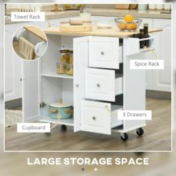 Rackhams Kitchen Island with Drop Leaf, Rolling Kitchen Storage Trolley on Wheels with 3 Drawers, Spice Rack and Towel Rack, White - thumbnail 5