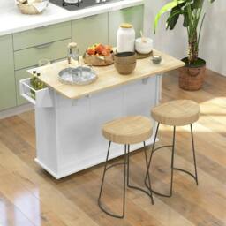 Rackhams Kitchen Island with Drop Leaf, Rolling Kitchen Storage Trolley on Wheels with 3 Drawers, Spice Rack and Towel Rack, White - thumbnail 2