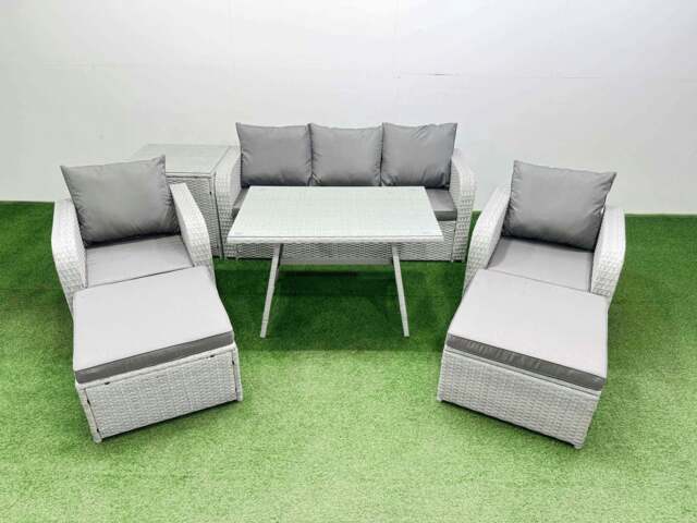 Rackhams Reclining Chair 3 Seat Sofa Set Garden Furniture Set with Rectangular Dining Table Side Table 2 Big Footstools Light Grey - image 1