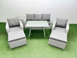 Rackhams Reclining Chair 3 Seat Sofa Set Garden Furniture Set with Rectangular Dining Table Side Table 2 Big Footstools Light Grey - thumbnail 1