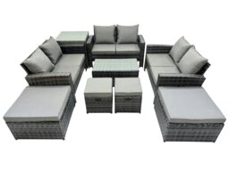 Rackhams PE Rattan Garden Furniture Set Lounge Double Seat Sofa Coffee Table Set with Side Table 4 Stools Dark Grey MixedMixed - thumbnail 1