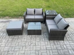 Rackhams 5-Piece Rattan Garden Furniture Set - Patio Wicker Sofa with 2 Double Seat Sofas, Coffee Table & Big Footstool - thumbnail 2