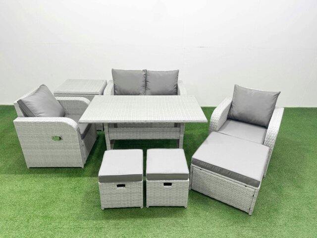 Rackhams Light Grey PE Wicker Rattan Garden Furniture Set Sofa Set Reclining Chair Rectangular Dining Table 7 Seater 3  Stools Side Table - image 1