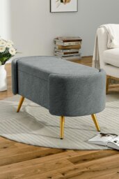 Rackhams Grey Polar Fleece Oval Accent Bench with Gold Metal Legs Bedroom Bed End Stool - Grey