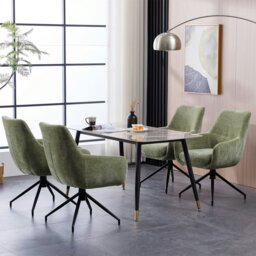 Rackhams Padded Dining Chair, 180° Auto Rotate Chenille Fabric Vanity Armchair with Metal Frame, Max Load 150 KGS - 2 PCS - Green - thumbnail 6
