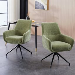 Rackhams Padded Dining Chair, 180° Auto Rotate Chenille Fabric Vanity Armchair with Metal Frame, Max Load 150 KGS - 2 PCS - Green - thumbnail 1