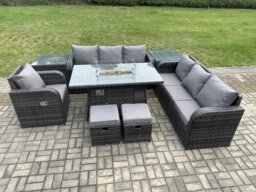 Rackhams 9-Seater Rattan Gas Fire Pit Dining Set - Indoor/Outdoor Reclining Sofa, Chair, Side Table, 2 Footstools - thumbnail 2