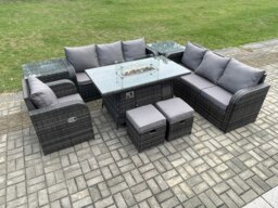 Rackhams 9-Seater Rattan Gas Fire Pit Dining Set - Indoor/Outdoor Reclining Sofa, Chair, Side Table, 2 Footstools - thumbnail 1