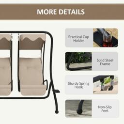 Rackhams Two-Seat Garden Swing Chair, with Protective Canopy - Beige - thumbnail 5