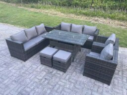 Rackhams Outdoor Lounge Sofa Garden Furniture Set Patio Rattan Rectangular Dining Table with 2 Armchair 2 Small Footstools 10 Seater Dark Grey Mixed - thumbnail 2